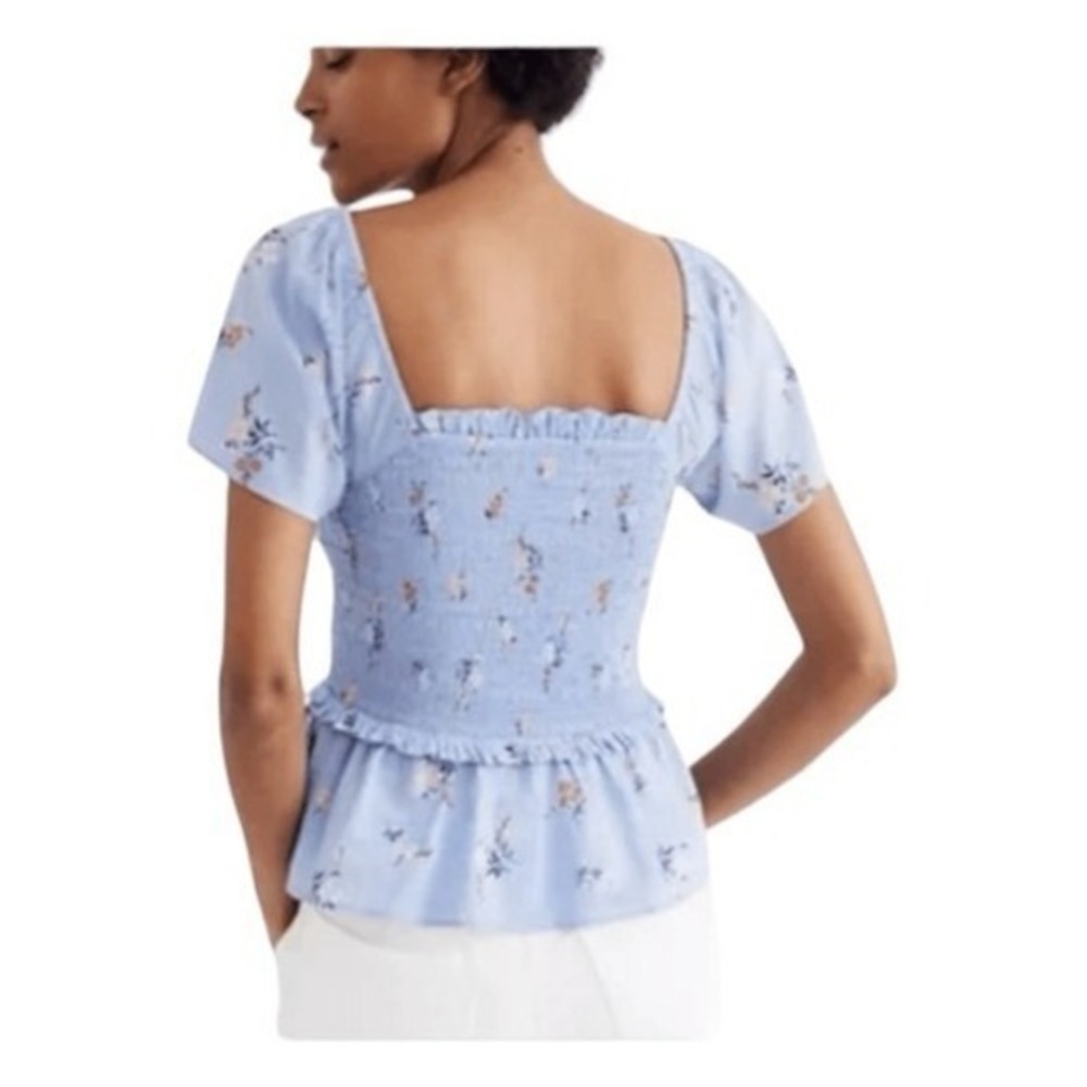 Madewell Blue Aloha Floral Print Top Smocked Flutter Sleeve Cropped XXS - Picture 3 of 9